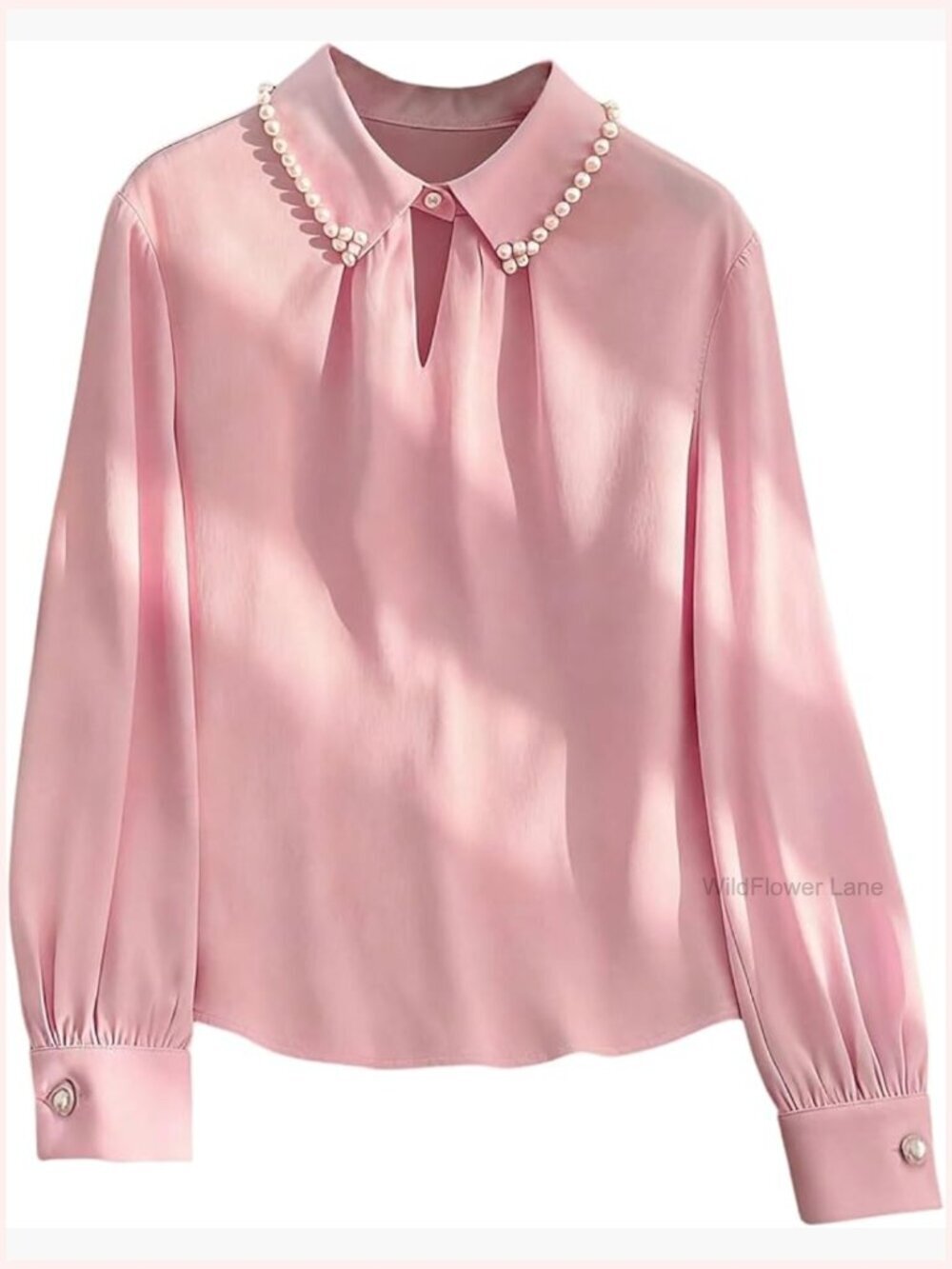 Women's Elegant Long Sleeve Blouse with Pearl Beaded Collar